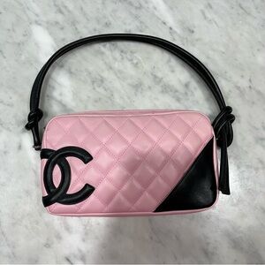 Authentic Chanel Cambon Ligne Pochette Pink & Black Quilted Lambskin